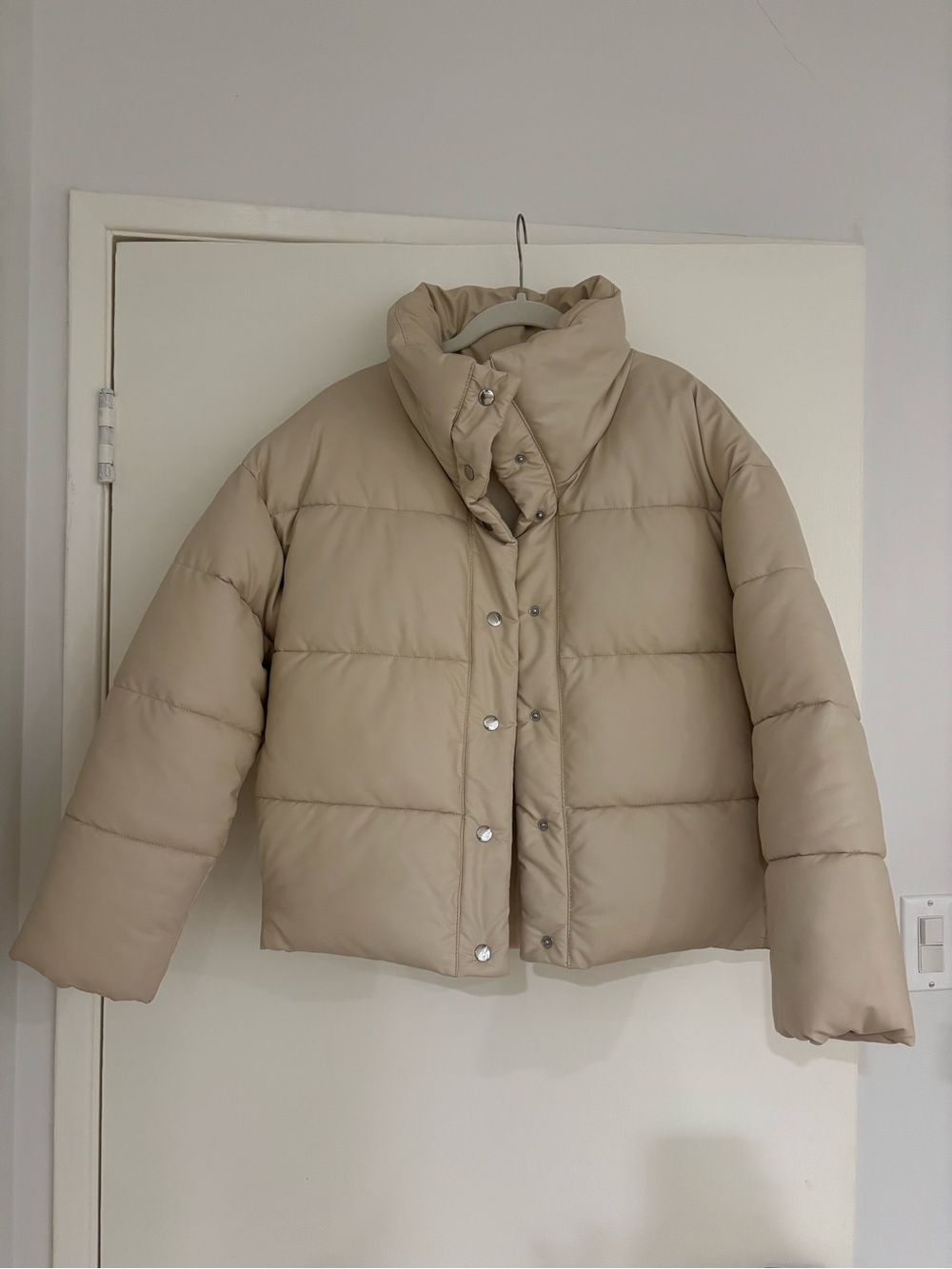 Beige Faux Leather Puffer Jacket - Women's Short Quilted Coat